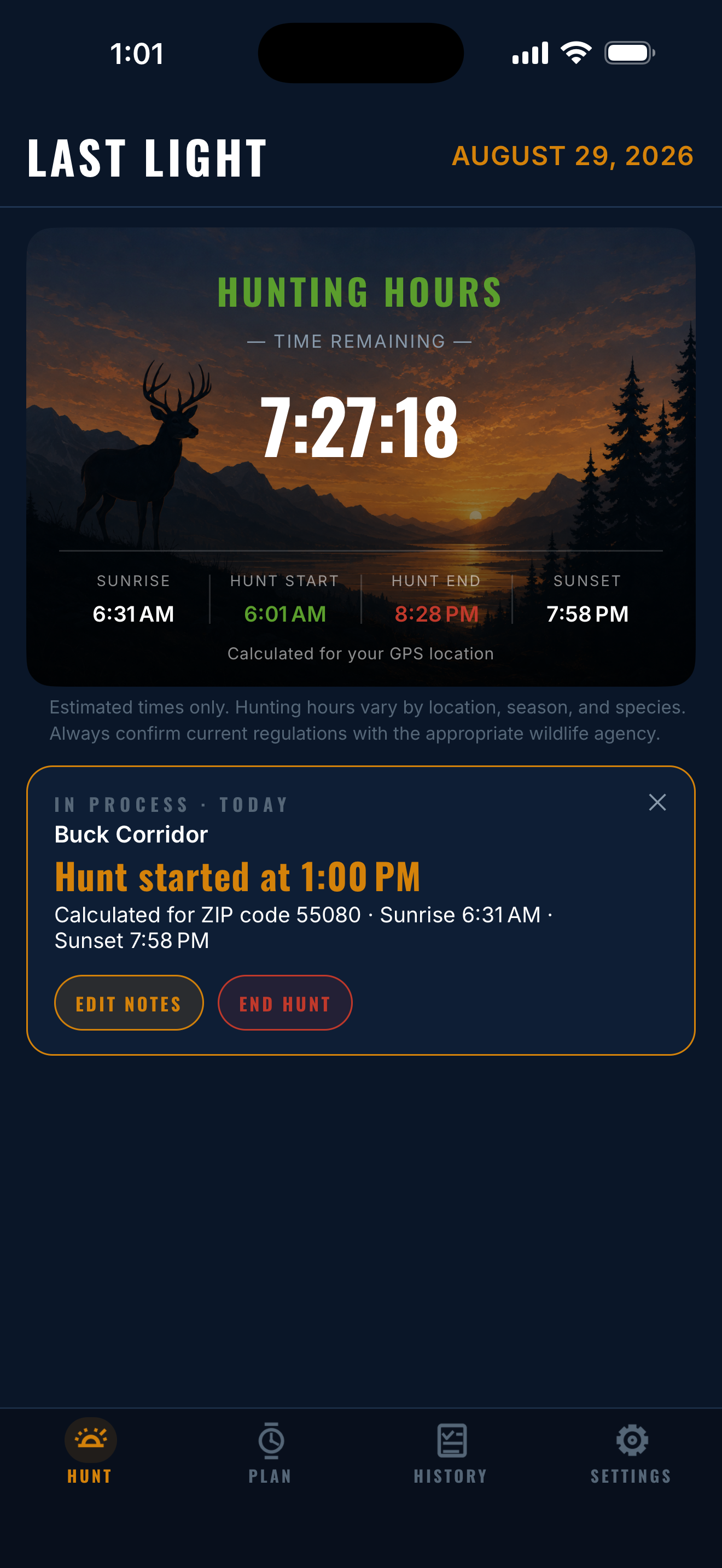 Last Light active hunt screen showing the time remaining in Hunting Hours