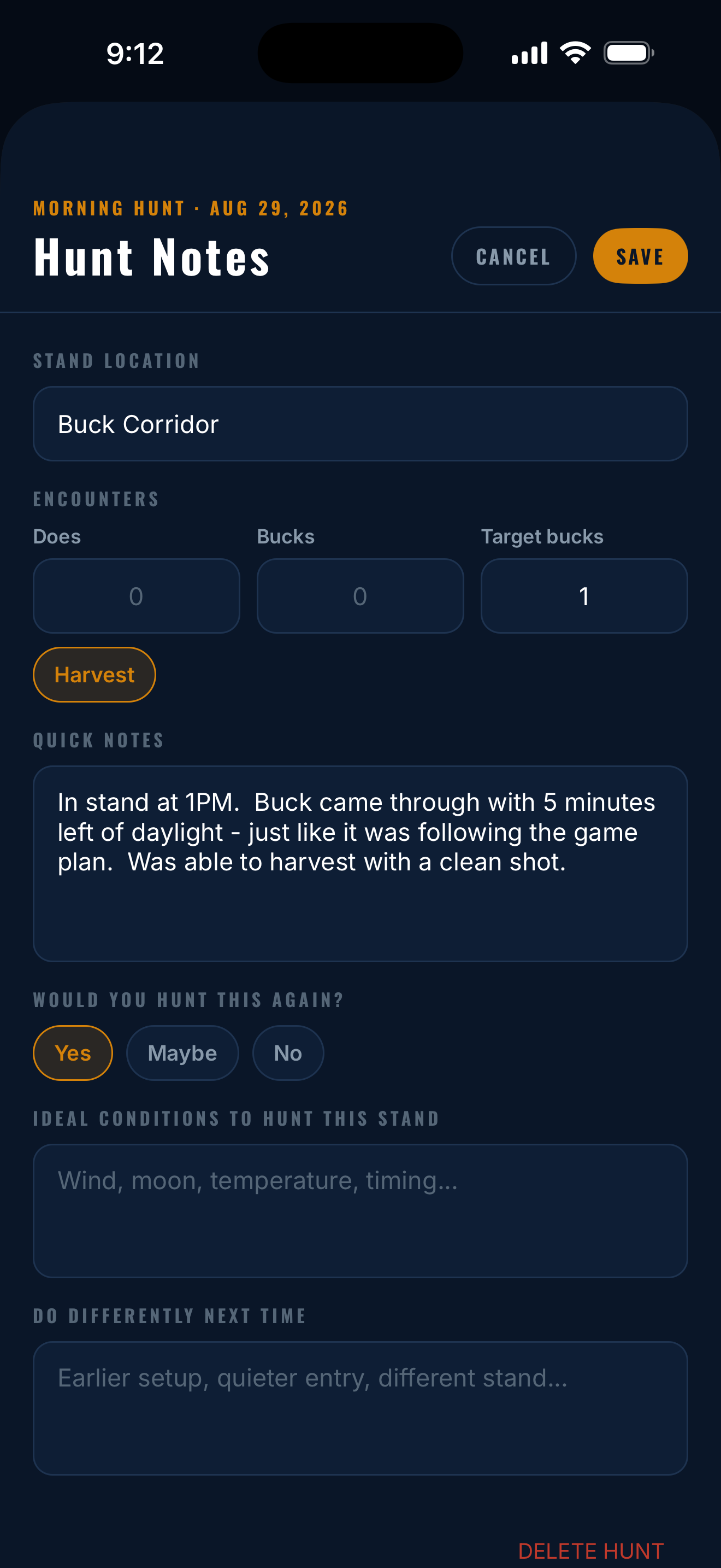 Last Light harvest notes screen