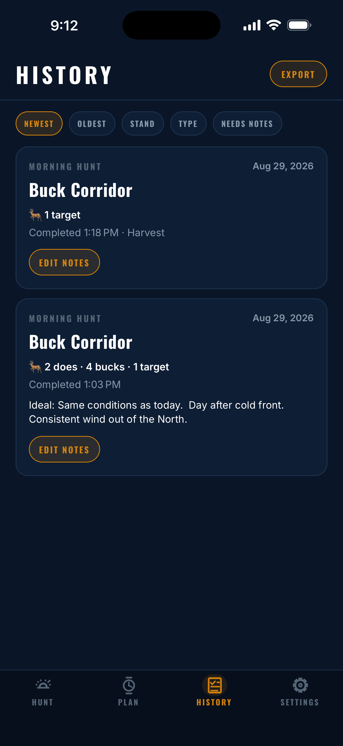 Last Light hunt history screen