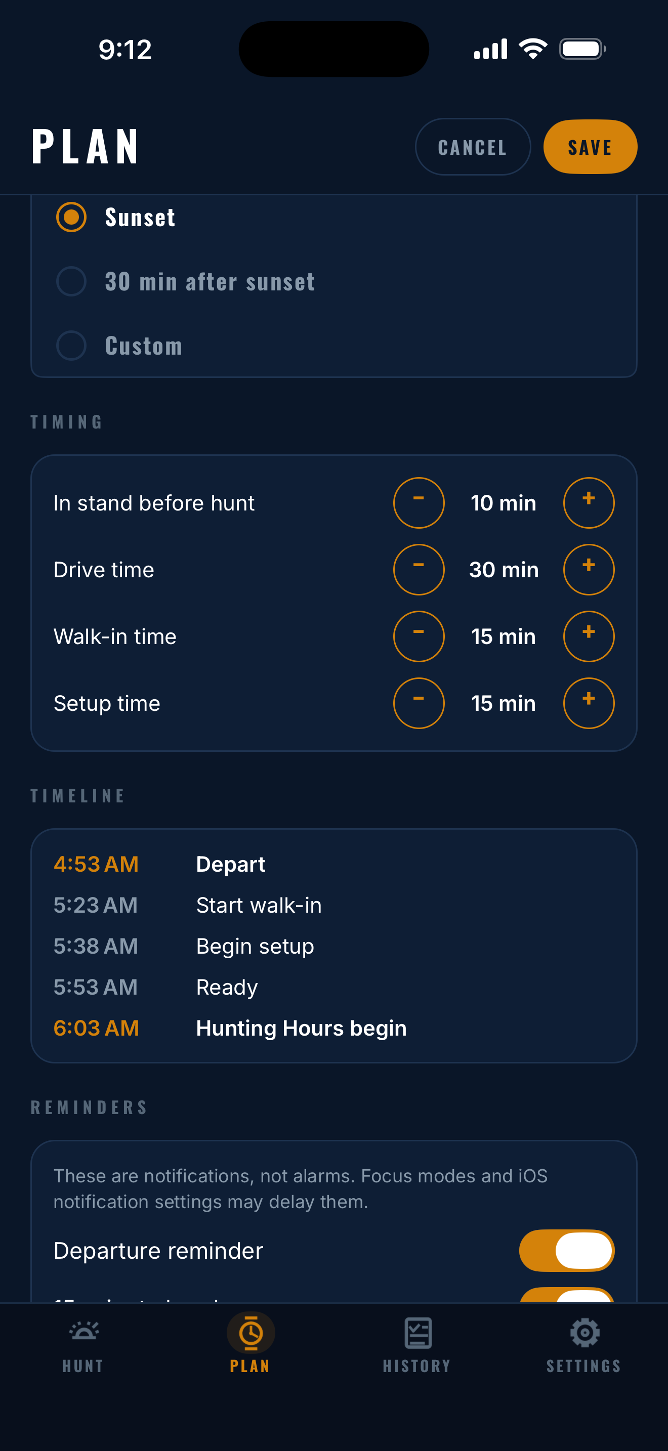 Last Light hunt plan timeline with travel, walk-in, and setup times