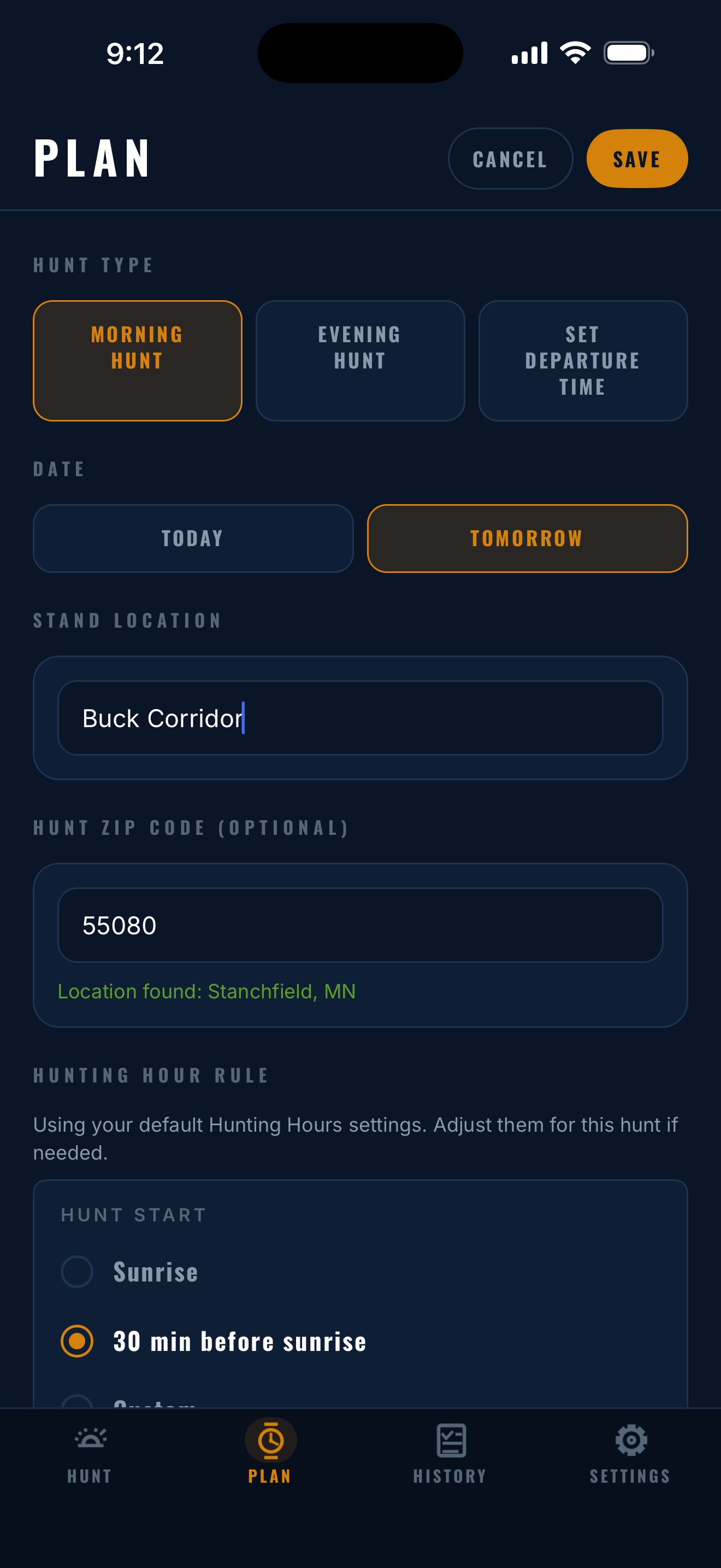 Last Light hunt plan screen with location and timing details